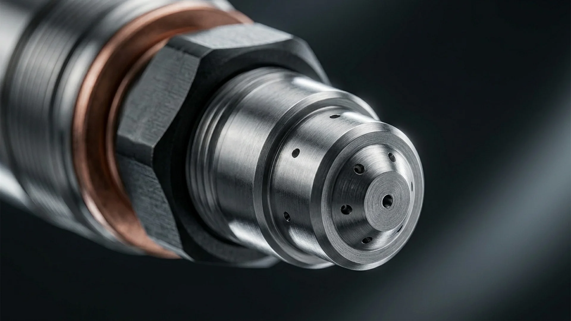High precision multi-hole diesel injector nozzle tip closeup showing micro orifices